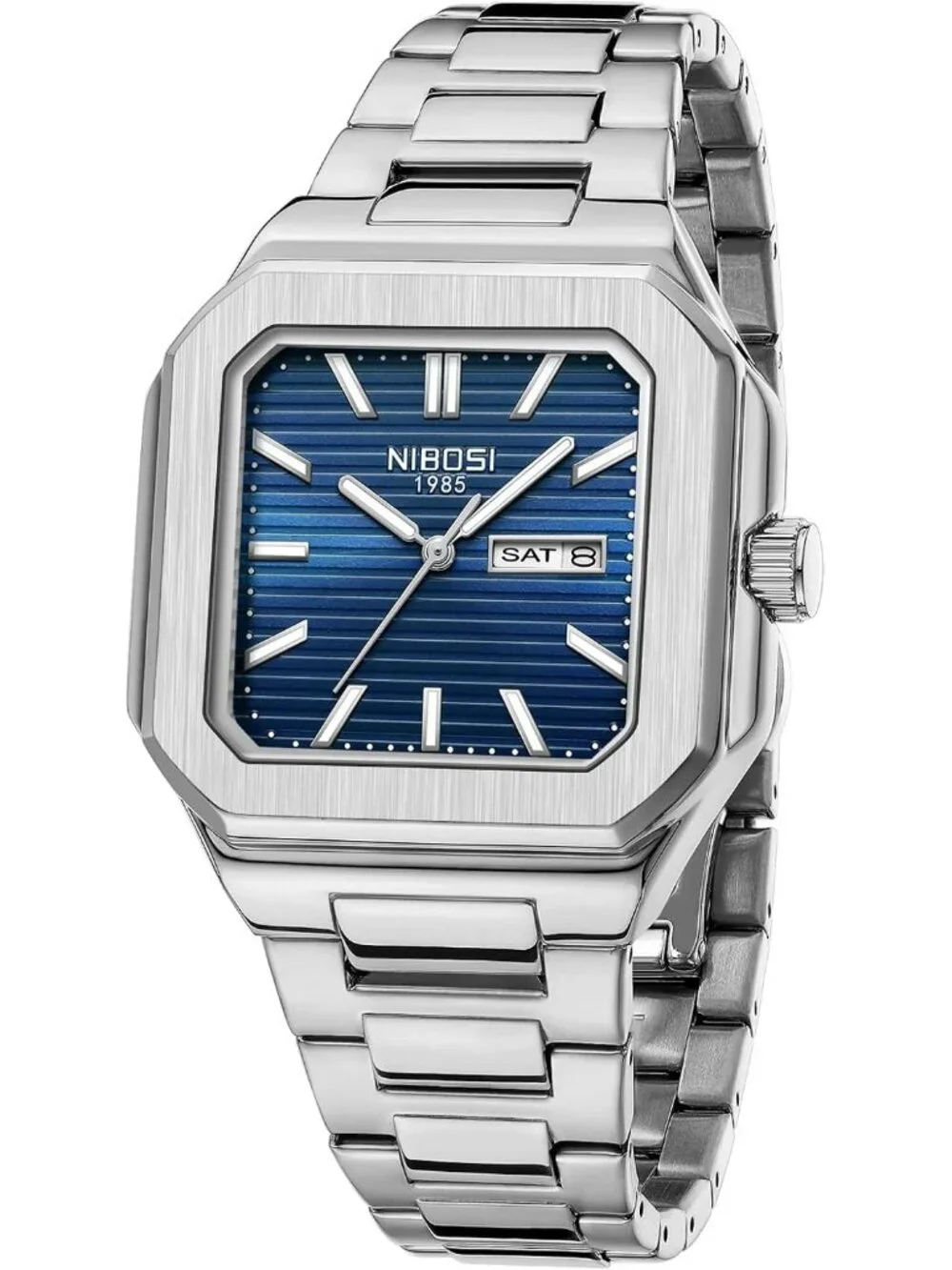 Nibosi Men's Silver Blue Analog Quartz Stainless Steel Waterproof Square Watch